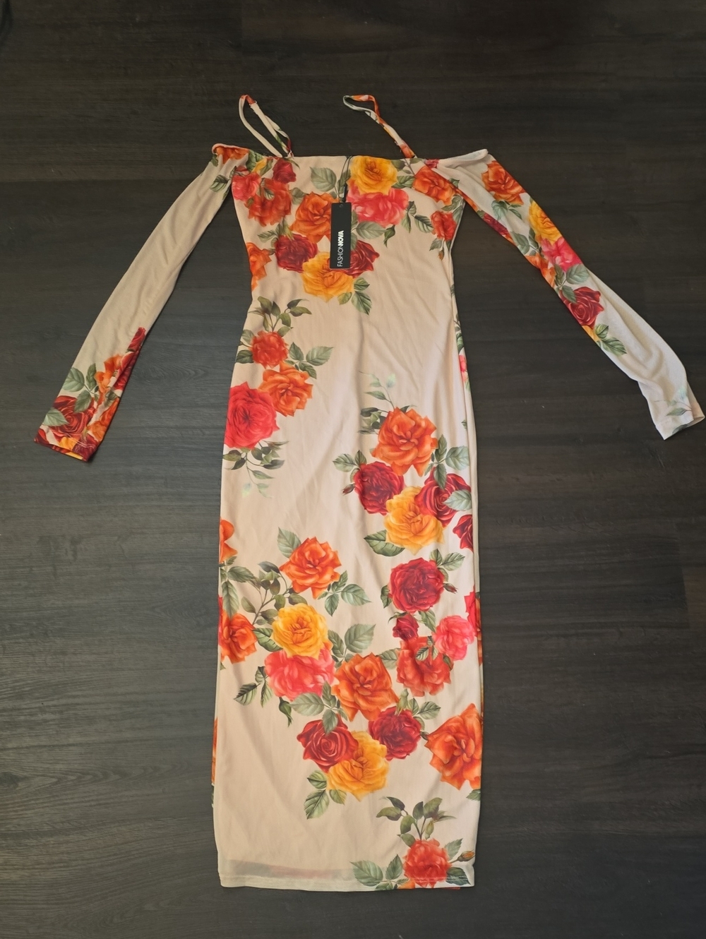 Fashion Nova Beige Off-Shoulder Maxi Dress with Red & Orange Rose Print